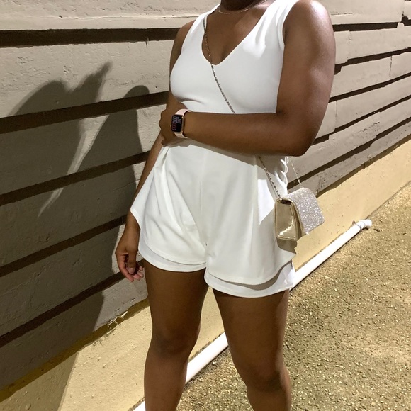 White Fashion Nova Romper with Cutout Detail and Double Layer Shorts - Picture 4 of 4